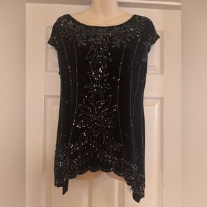 dressbarn Black Beaded Scalloped Hem Cap Sleeve Top
